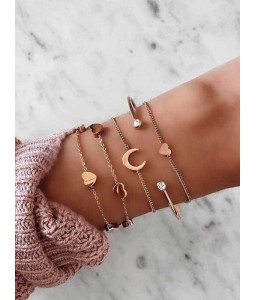 5Pcs Heart Moon Chain Cuff Bracelets Set
