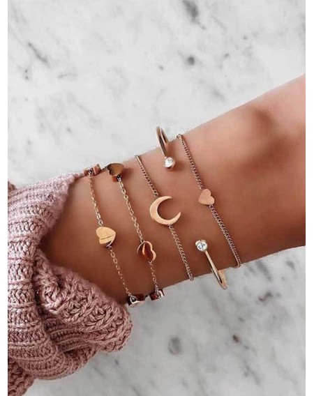 5Pcs Heart Moon Chain Cuff Bracelets Set
