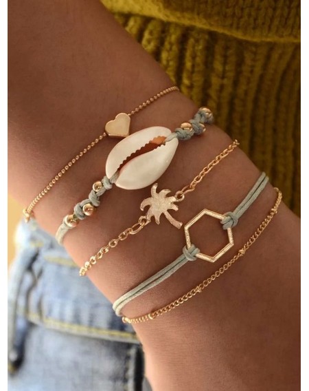 Five-piece Heart Shell Palm Tree Chain Bracelet Sets