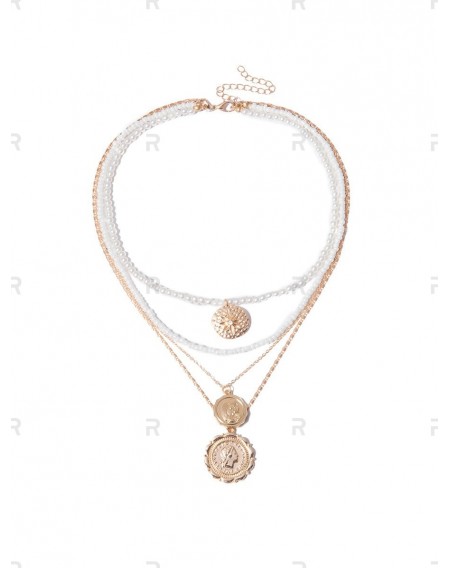 Faux Pearl Round Star Pendant Layered Necklace