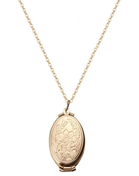Oval Engraved Floral Photo Locket Necklace - Flowers