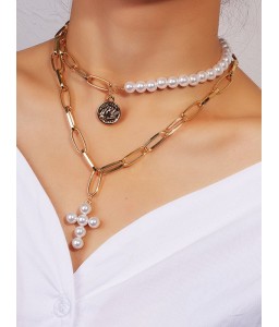 2Pcs Cross Faux Pearl Portrait Chain Necklace Set