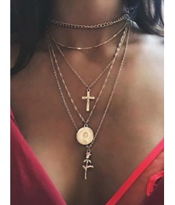 Alloy Rose Flower Crucifix Layered Necklace