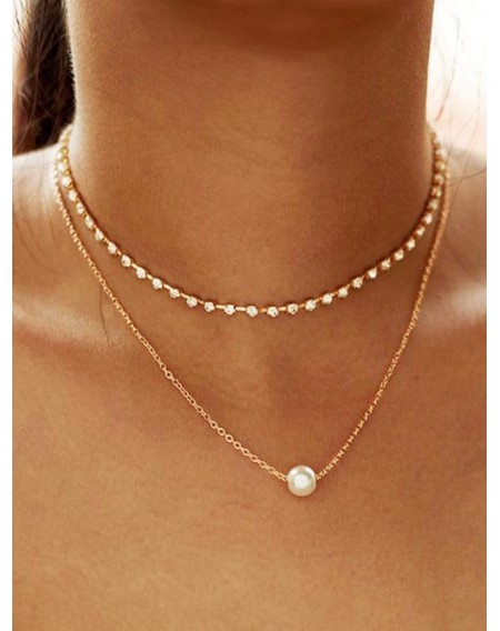 Faux Pearl Rhinestone Layered Necklace