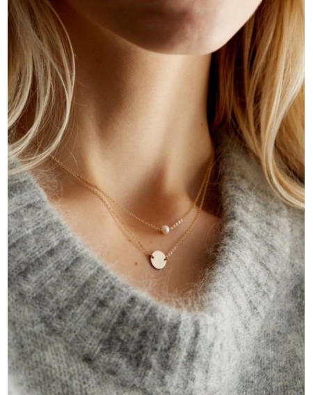 Layered Artificial Pearl Disc Chain Necklace - 42+46+7