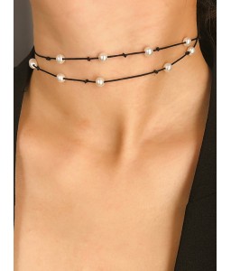 Faux Pearl Drawstring Rope Choker Necklace