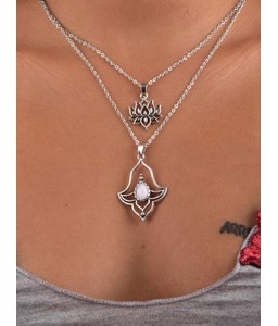 Vintage Hollow Out Lotus Pendant Layered Necklace