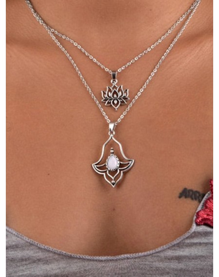 Vintage Hollow Out Lotus Pendant Layered Necklace