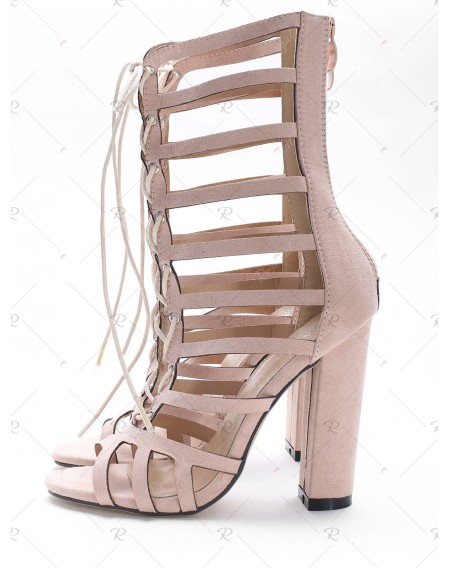 Hollow Out Block Heel Cadged Lace Up Sandals - 37