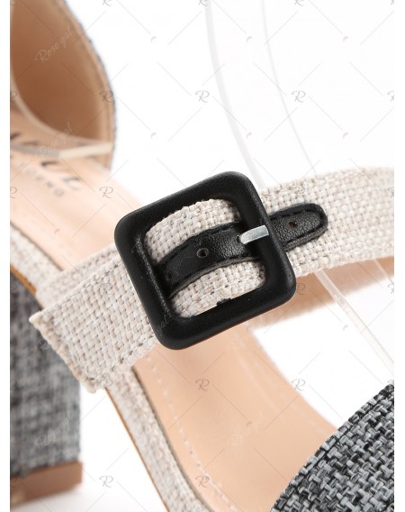 Dual Buckle Strap Block Heel Linen Sandals - 39