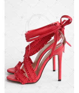 Stiletto Heel Lace Up Ruffles Ankle Strap Sandals - 37
