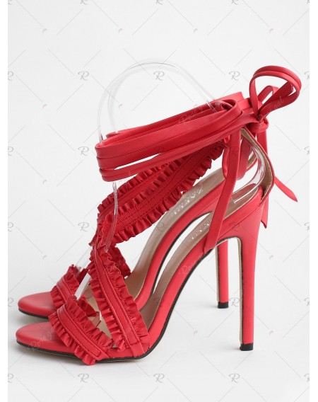 Stiletto Heel Lace Up Ruffles Ankle Strap Sandals - 37