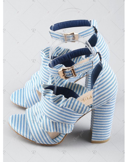 Striped Ruffless High Heel Ankle Strap Sandals - 37