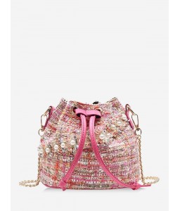 Faux Pearl Drawstring Tweed Bucket Bag