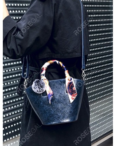Pom Pom PU Leather Bucket Bag with Silk