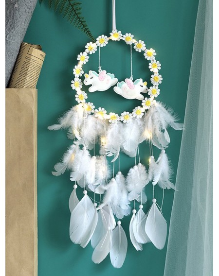 Handmade Unicorn Theme Floral Feather Dream Catcher - With Lights