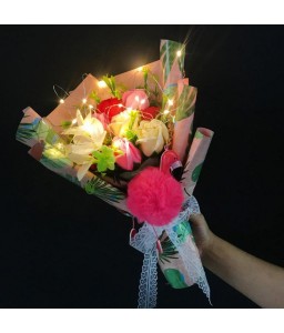 Flamingo Artificial Flower Bouquet Handmade Soap LED Light - 38*20*12cm