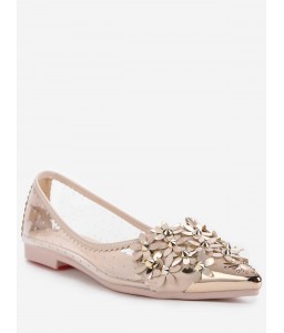 Metallic Pointed Toe Scallop Flower Crystals Studded Flats - 39