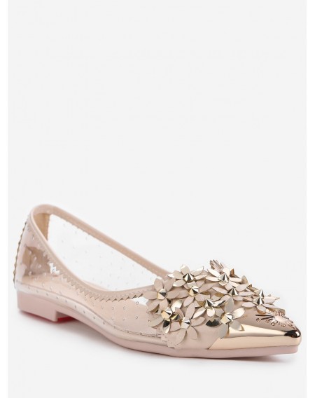 Metallic Pointed Toe Scallop Flower Crystals Studded Flats - 39