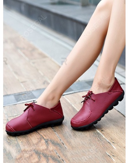 Plus Size Laced-up Leather Flat Shoes - Eu 37