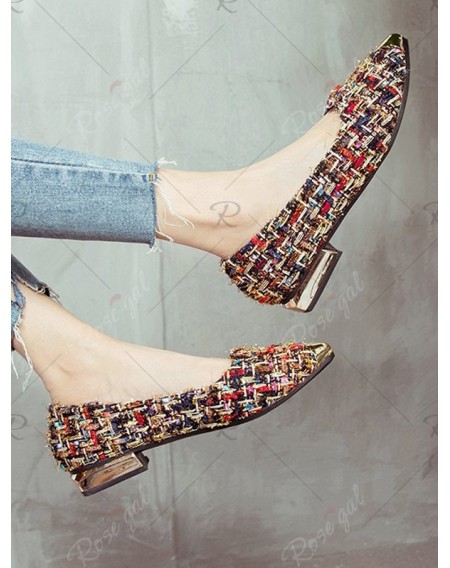 Chunky Heel Woolen Grid Pointed Flat Heel Shoes - Eu 40