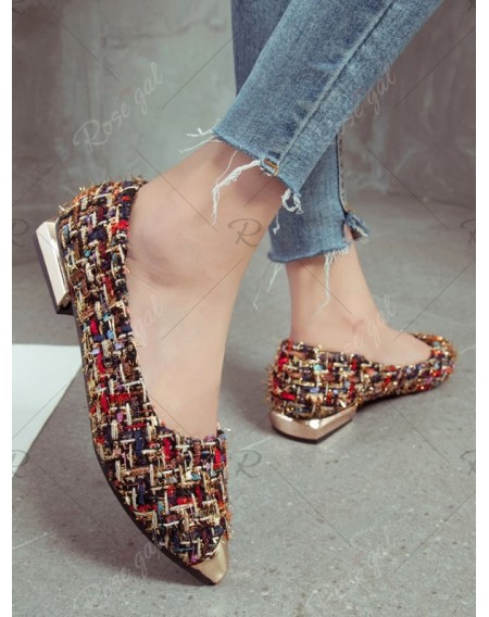 Chunky Heel Woolen Grid Pointed Flat Heel Shoes - Eu 40