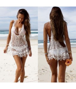 Beautiful Women White Suit Lace Crochet Swimwear Cover Up Swimwear Summer Beach Dress