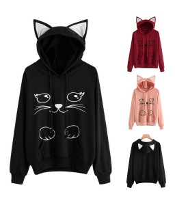 Women Fashion Cat Loose Long Sleeve Hooded Hoodie Pullover Sweatshirt Coat