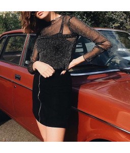 2017 Shiny Women Beautiful Mesh Tops Shirt Long Sleeve Blouse Casual Party Loose Tank